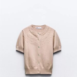 Zara Beige Short Sleeve jeweled Cardigan